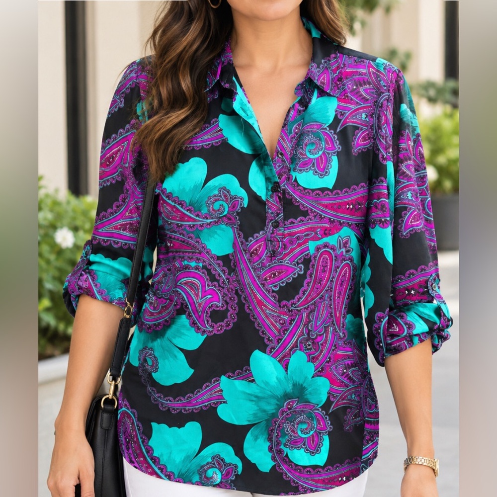Ann Taylor Floral Paisley Button-Front Top in Teal & Magenta L